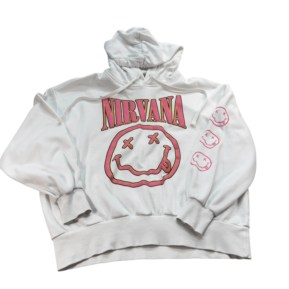 H&M Nirvana Womens Hoodie White Pink Smiley Face Graphic Cotton Blend Fleece L - Picture 2 of 12